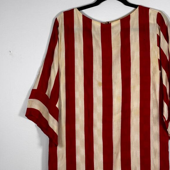 Vintage 1980s Flora Kung Silk Red White Striped Dress Damask Wounded Bird AS IS - Picture 2 of 16